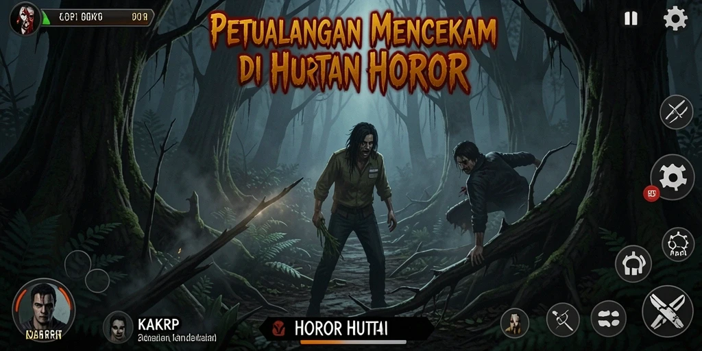 Antarmuka KAKRP menampilkan hutan yang mencekam dan atmosfer horor yang intens.