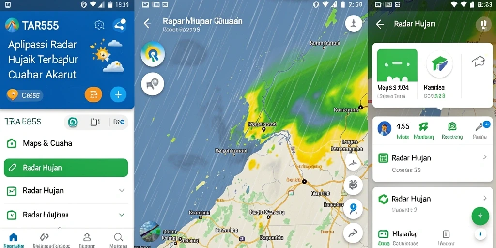 Antarmuka aplikasi TAR555 yang menampilkan peta radar hujan.